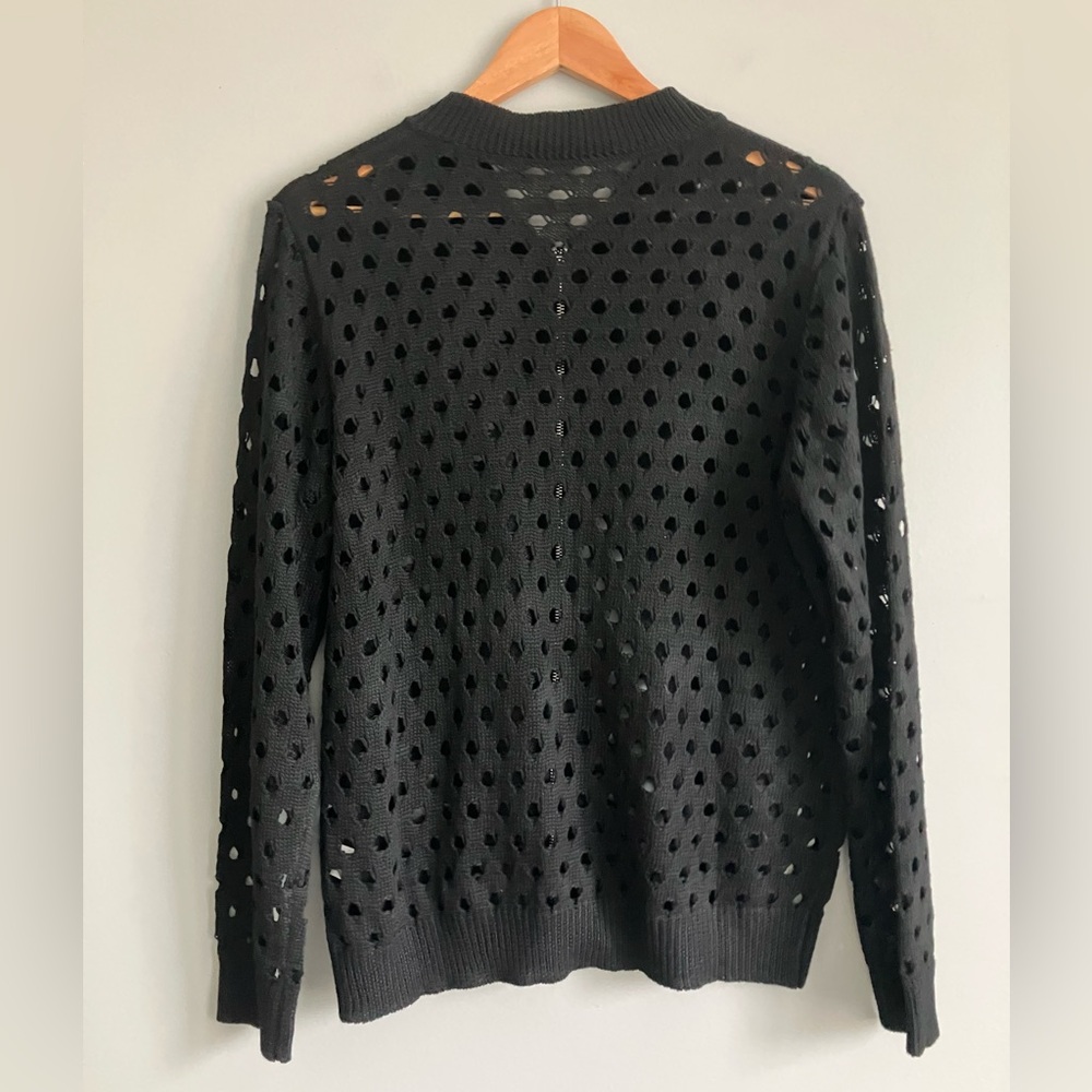 UNBRANDED Black Open Knit Zipper Front Crewneck Sweater Size XS (Like a S-M) - Picture 7 of 10